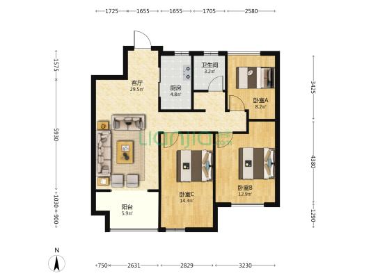 北京城房珑熙庄园 3室1厅1卫 104平方