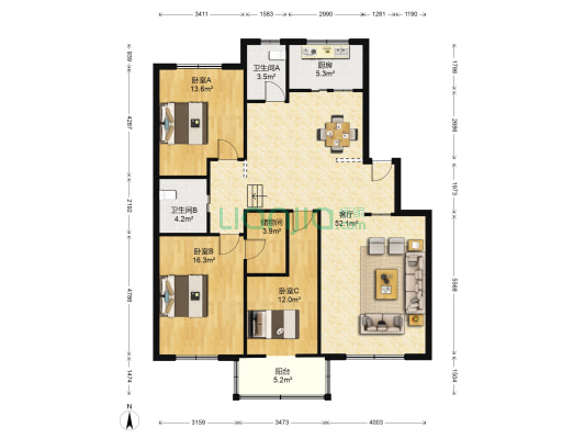 锦城公寓 3室1厅2卫 137平方
