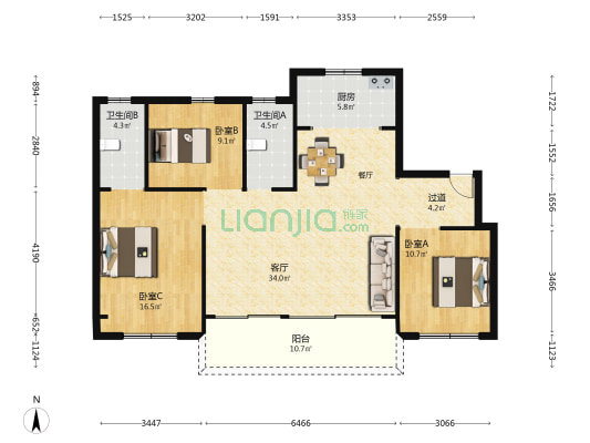 碧桂园桃李风华 3室1厅2卫 127平方
