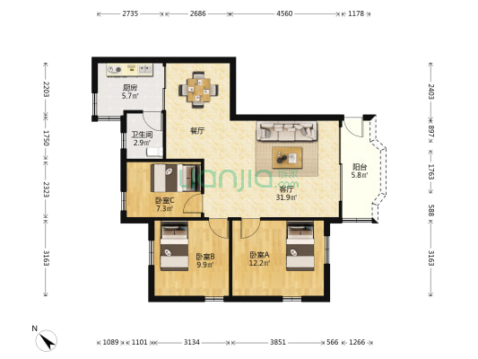 吉祥北园A区 3室1厅1卫 94平方