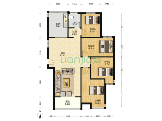 水岸人家 4室1厅1卫 129平方