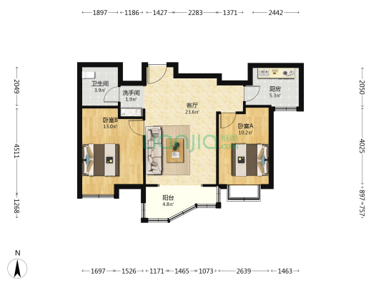 龙腾誉城 2室1厅2卫 93平方
