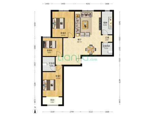 恒润家园 3室1厅2卫 128平方