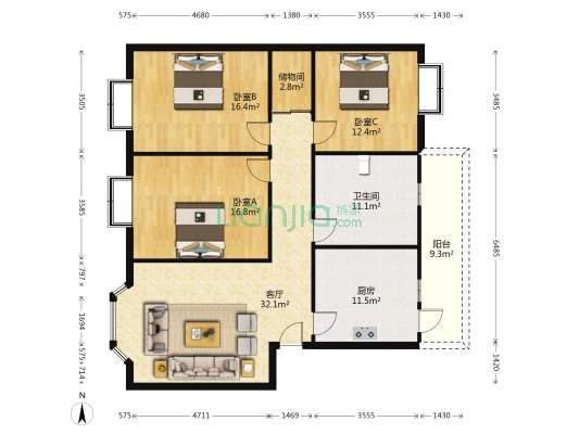 锦水苑社区 3室1厅1卫 125平方