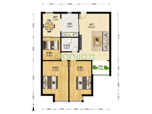 中建汇鑫花苑 3室2厅1卫 95平方