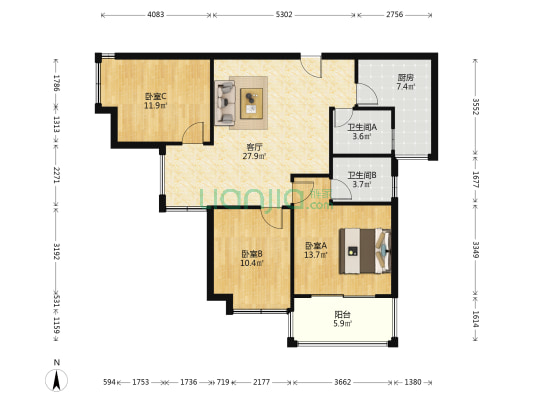 柳欣源小区 3室1厅2卫 105平方