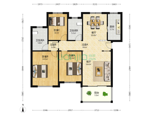 泊林公寓 3室2厅2卫 114平方