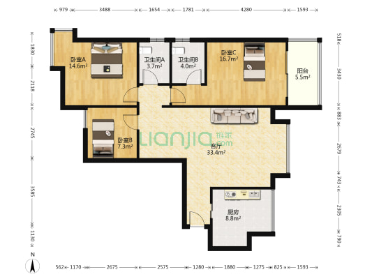 廊桥翠庭 3室1厅2卫 105平方