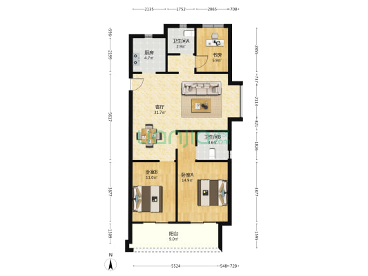 云川华庭 3室1厅2卫 110平方
