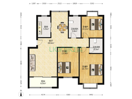 国泰三村 3室1厅2卫 124平方