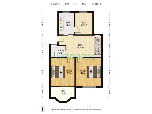 银杏苑 2室2厅1卫 85平方