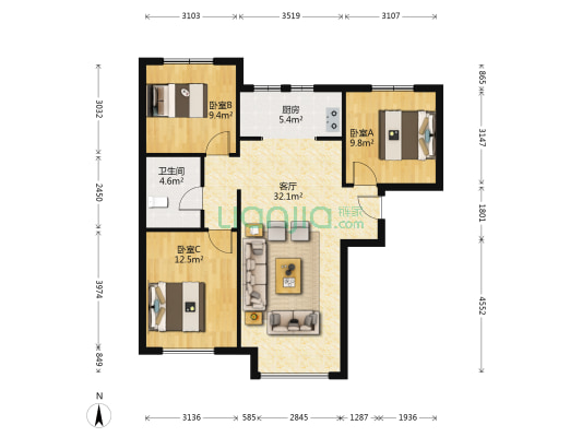 南北通3居 .满五唯一税费低.户型方正  视野开阔-户型图
