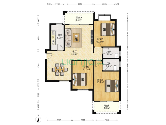 锦湘国际星城四期 3室1厅2卫 124平方