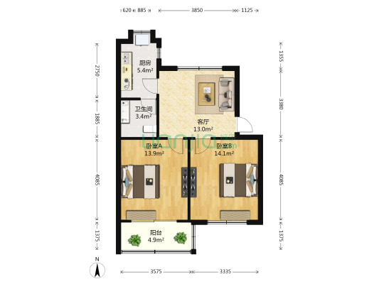 江纤美庭 2室1厅1卫 65平方