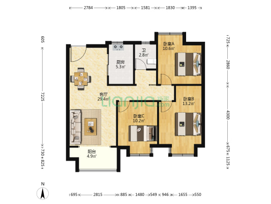 悦达交投·玖玺台 3室1厅1卫 97平方