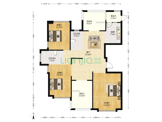 永荣拉菲郡一区 3室1厅2卫 140平方