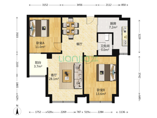 仓山万达广场B2区 2室1厅1卫 86平方