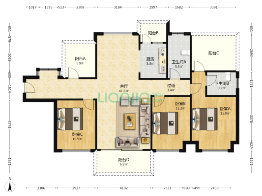 宝瑞花园 3室1厅2卫 132平方