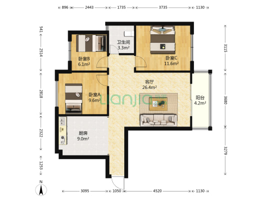 都市春天 3室1厅1卫 85平方