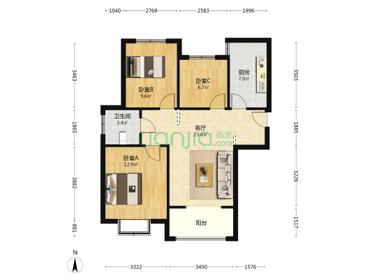 香花苑 3室1厅1卫 91平方
