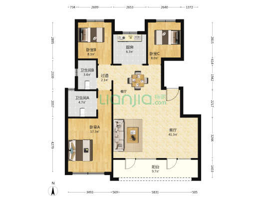 紫金华府 3室1厅2卫 126平方