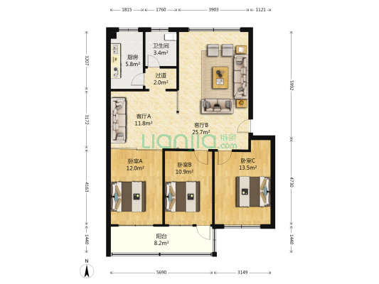 河滨花园 3室2厅1卫 110平方