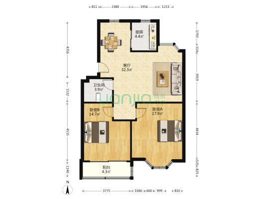 丽都花园 2室1厅1卫 95平方