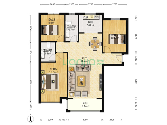 滨河公馆 3室1厅2卫 125平方