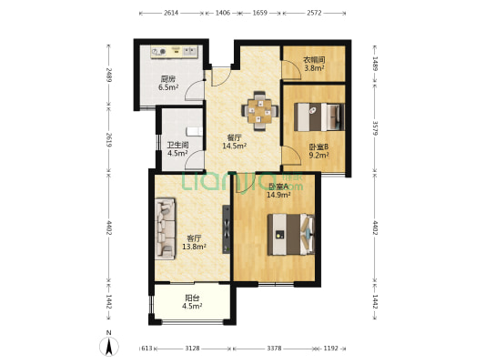 文苑小区 2室2厅1卫 90平方