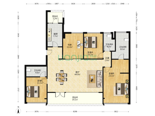 凤起兰庭 4室1厅3卫 168平方