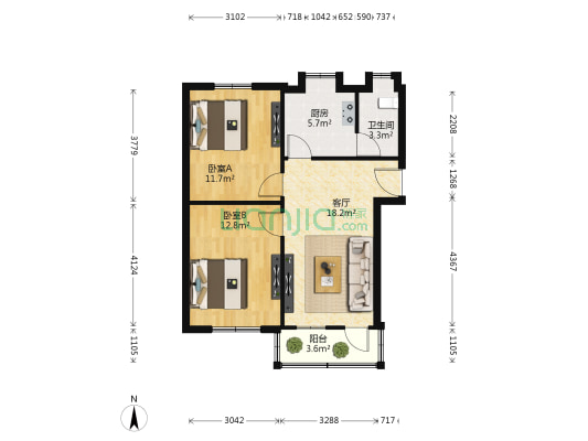 凉伞树五星小区 2室1厅1卫 66平方