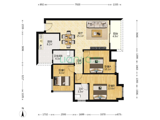 蔚蓝丽景 3室1厅2卫 100平方