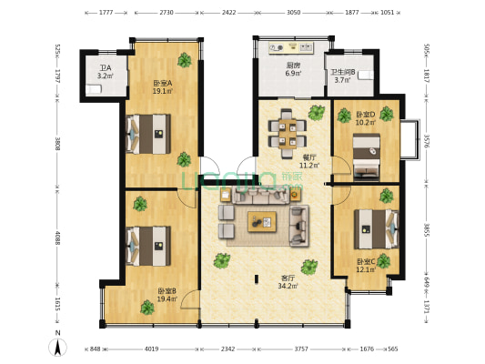 烟草专卖局机关宿舍 4室2厅2卫 104平方