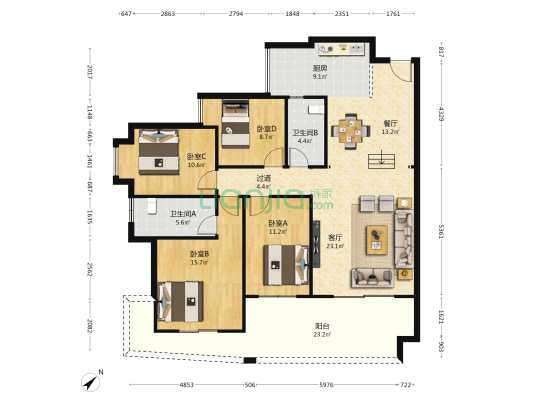方瑞阳光水岸 4室2厅2卫 147平方