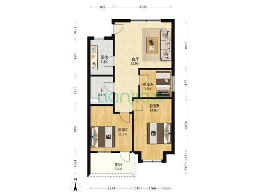 规划局宿舍 3室1厅1卫 85平方