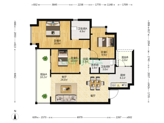 龙湖天璞 3室1厅3卫 114平方