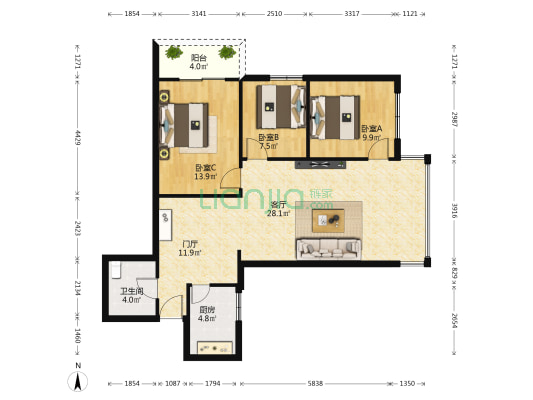 南方福苑 3室1厅1卫 110平方