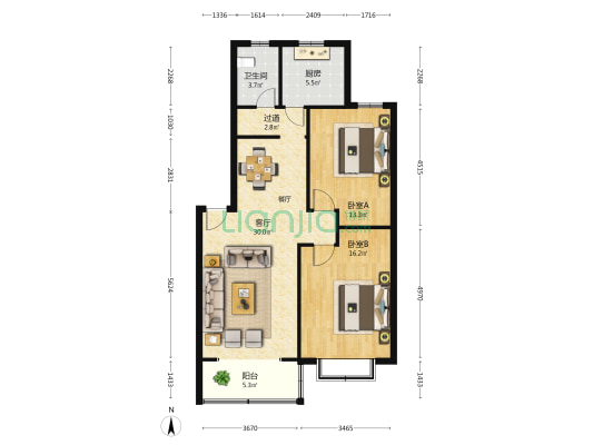 滨泰华盛苑 2室1厅1卫 99平方