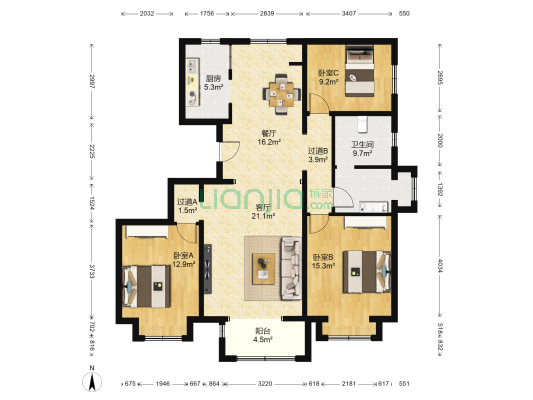 鸿坤理想城派郡20号院 3室2厅1卫 132平方