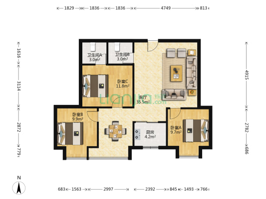 楚江国际 3室1厅2卫 104平方
