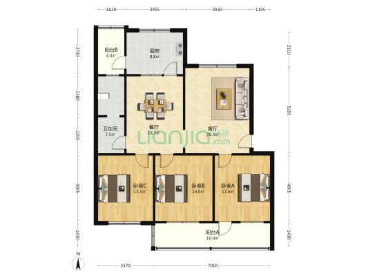 交警队宿舍 3室2厅1卫 125平方