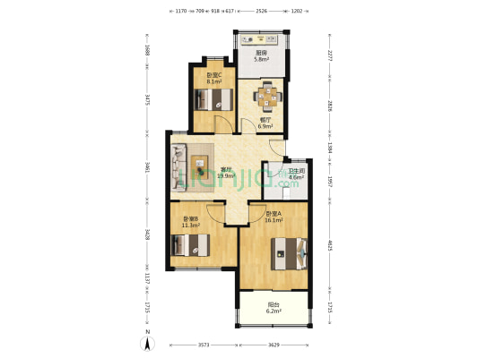 开发小区 3室2厅1卫 91平方