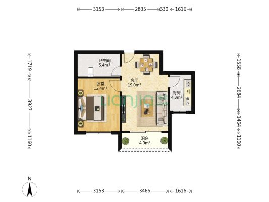 森海豪庭观海阁 1室1厅1卫 61平方