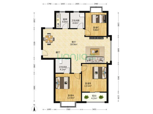 丰润园 3室1厅2卫 126平方