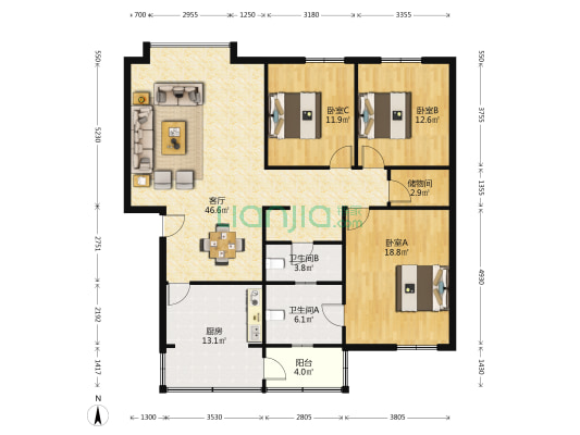 三强公司家属楼 3室1厅2卫 143平方