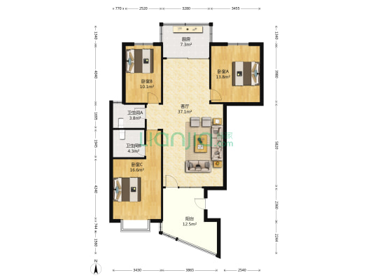 卧龙花园 3室1厅2卫 133平方