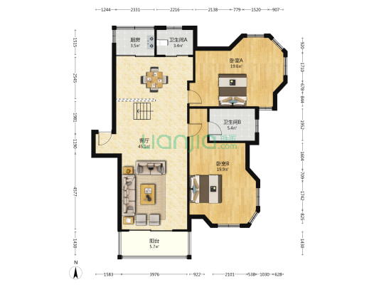 国亭芭苑 2室1厅2卫 182平方
