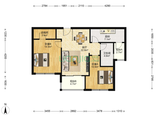 北极星花园 2室1厅1卫 94平方