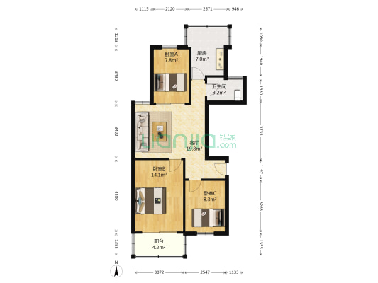 园中园公寓 3室1厅1卫 80平方
