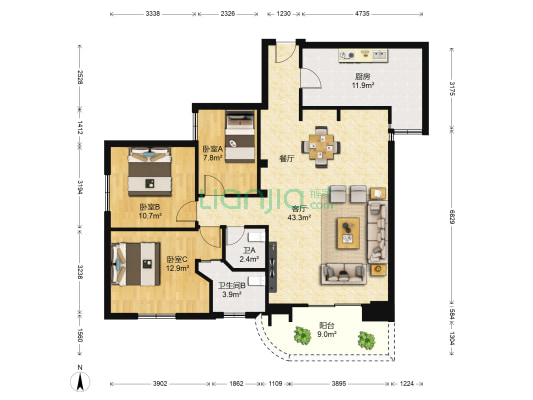 育秀中心 3室1厅2卫 127平方